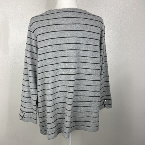 J Jill Sweater Women Extra Large Grey Striped Knit V-Neck Pullover Front Pockets - Picture 4 of 13